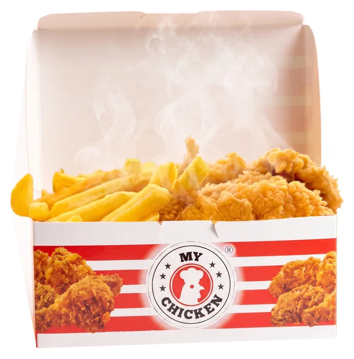 Geöffnete My-Chicken-Box mit Crispy Filets und Pommes