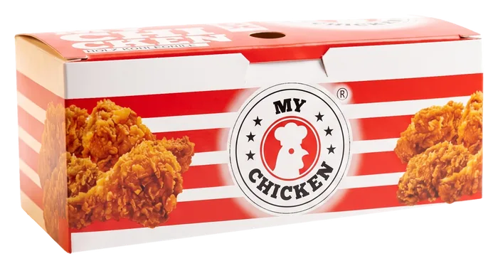 Die rot-weiß gestreifte My-Chicken-Box mit dem Rundsiegel