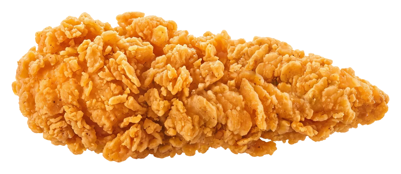 Ein Crispy Filet, das beim Scrollen aufbricht und saftiges Hähnchenfleisch zeigt